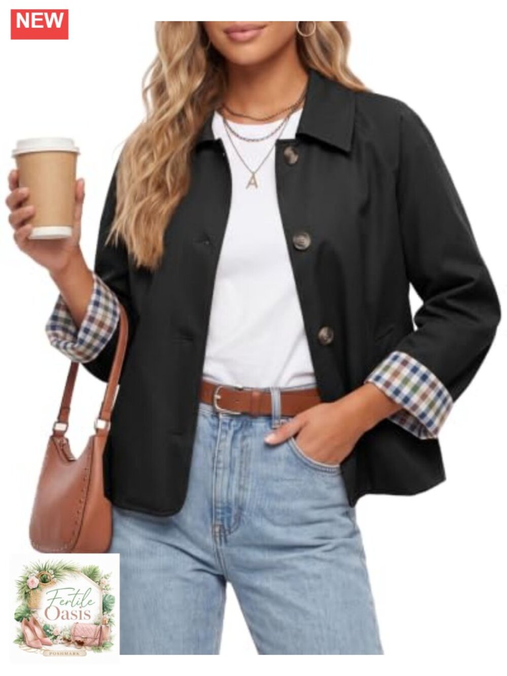 Cropped Trench Coat Women Plaid Lining Button Down Casual Jacket